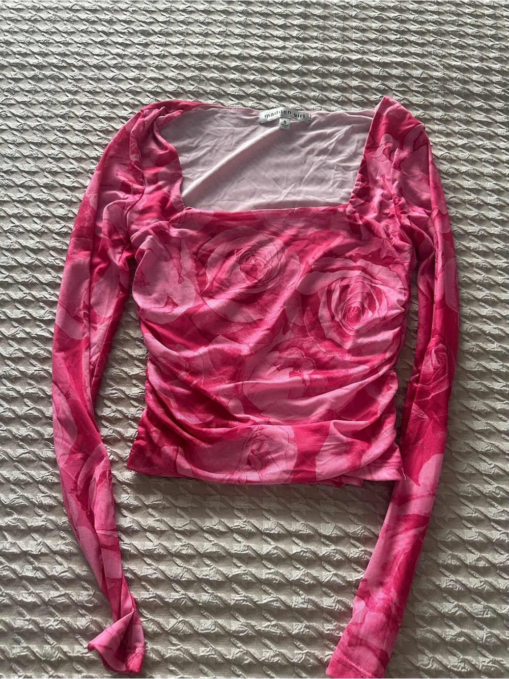 Madden Girl Size S Pink Rose Floral Mesh Long Sleeve Top